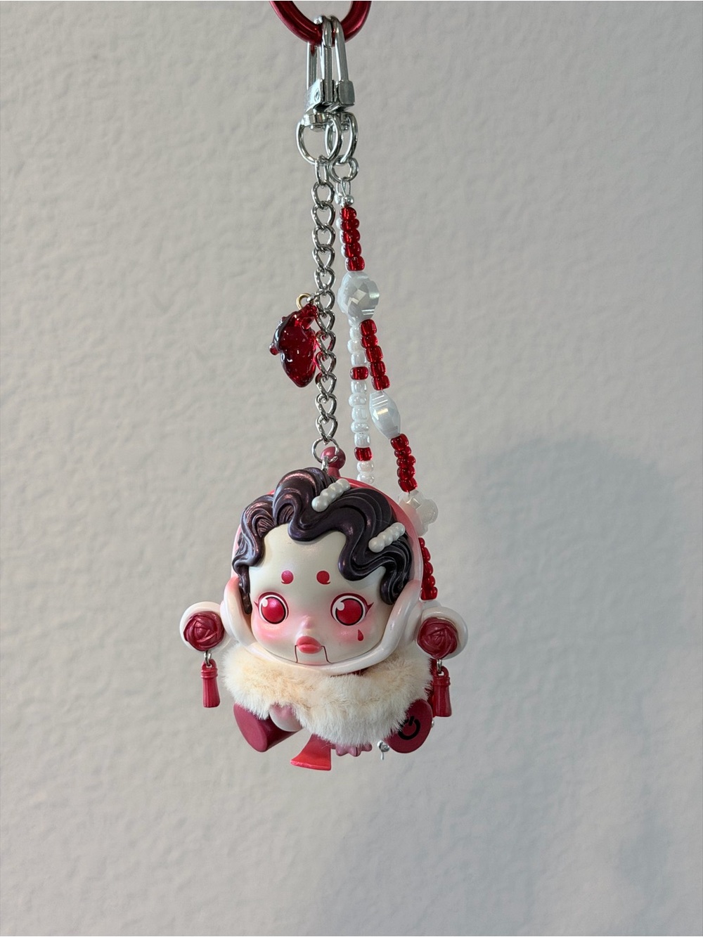 Cute Red & White Plush Beaded Doll Keychain